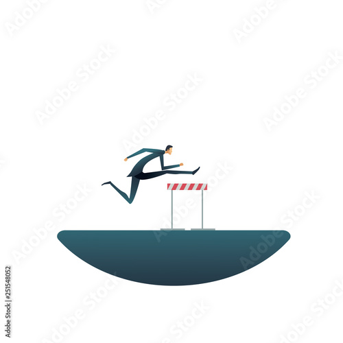Overcome challenges in business vector concept. Businessman jumping over hurdles or obstacles. Symbol of determination, aspiration, ambition, motivation and success.