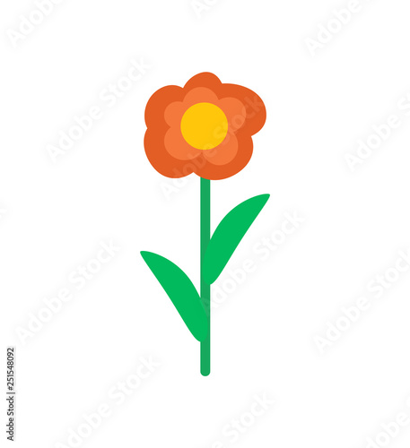 Cartoon flower doodle vector isolated plant. Red bud with yellow middle, green leaves and stem. Botanical illustration of blooming florish element