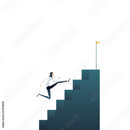 Business career ambitions and aspirations vector concept. Woman running up stairs. Symbol of professional growth, development, progress and promotion.