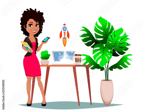 Cheerful businesswoman cartoon character.
