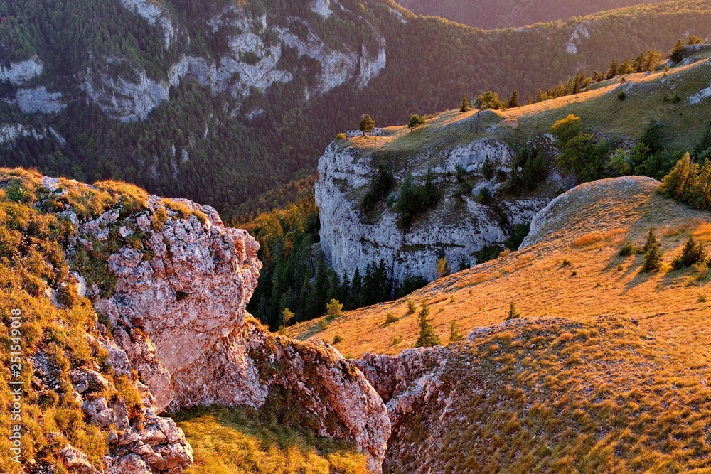 Rocky massif with golden grass and forests in light of autumn sunset
