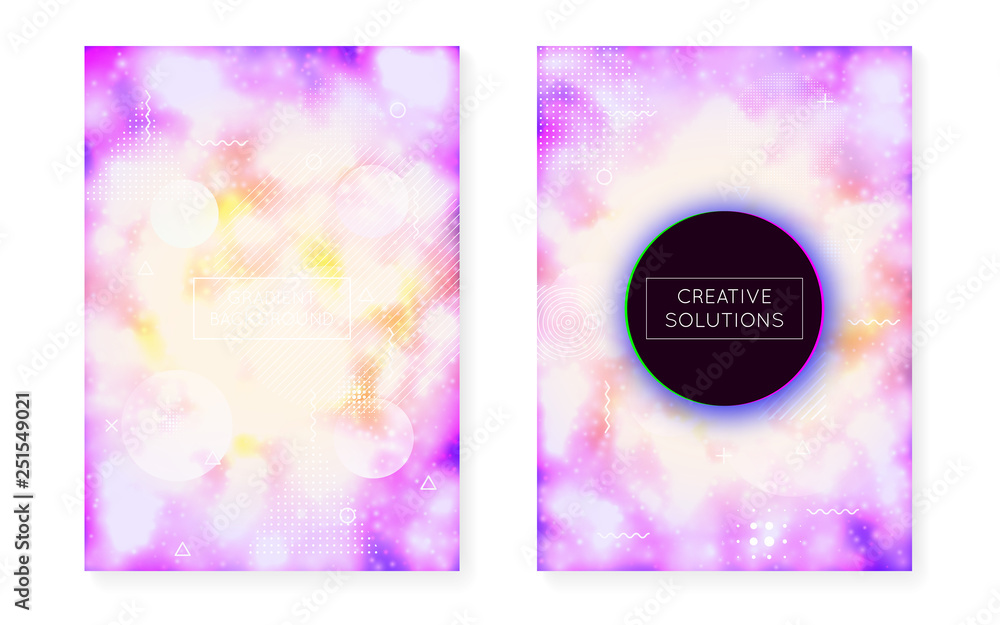 Dynamic shape background with liquid fluid. Neon bauhaus gradient with purple luminous cover.