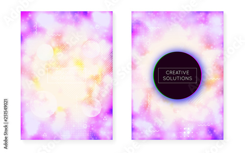 Dynamic shape background with liquid fluid. Neon bauhaus gradient with purple luminous cover.