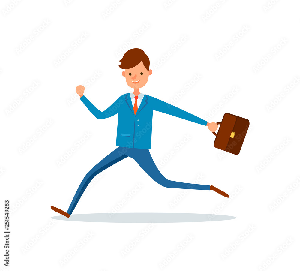 Businessman running at work with briefcase in hand. Man in hurry, boss ...