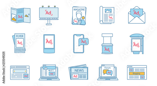 Advertising channels color icons set