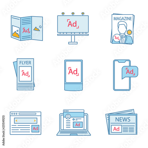 Advertising channels color icons set