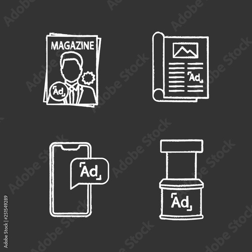 Advertising channels chalk icons set