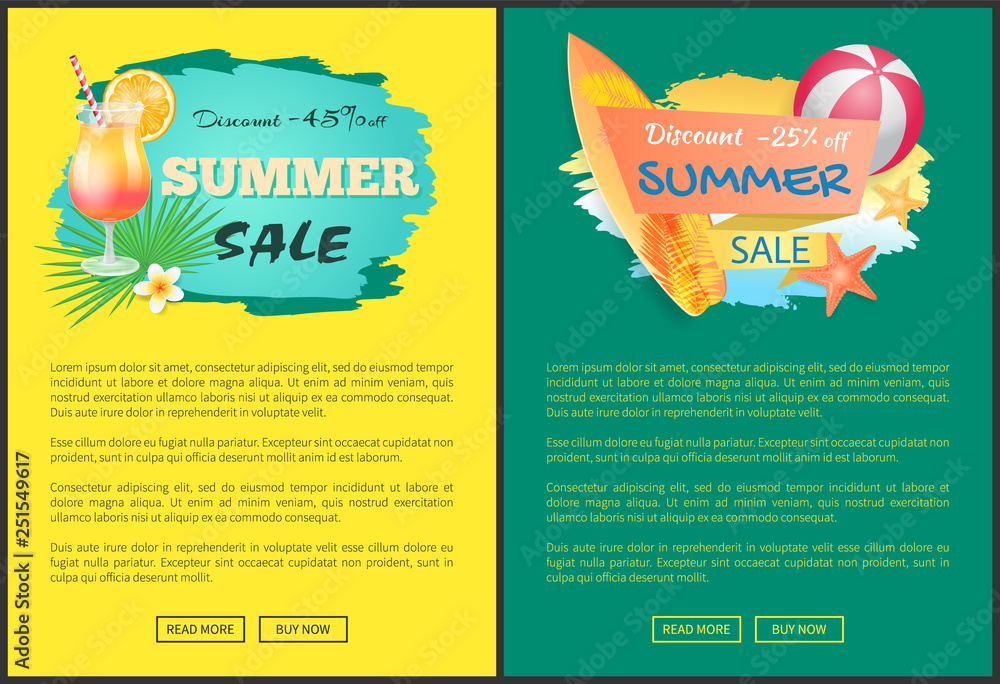 Fototapeta premium Summer sale web posters cocktail and surfboard, inflatable ball and starfish, palm leaves and flowers. Vector promo leaflets with summertime attributes