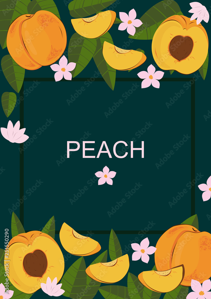 Fototapeta premium Fruit poster with place for text. Vector greeting card design with peaches, leaves and flowers