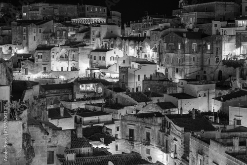 Sassi di Matera at night. European Capital of Culture. Black and White