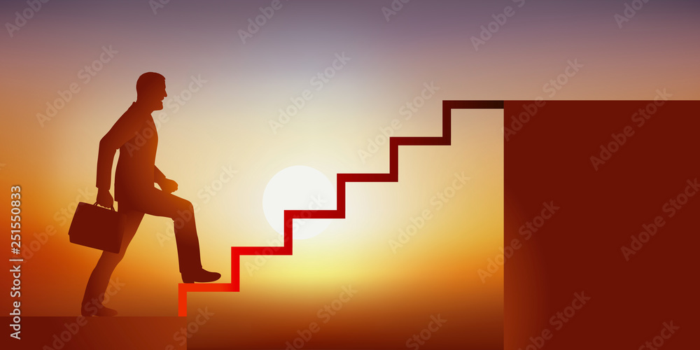 Concept de la réussite et de l’ascension d’un homme d’affaires dans la hiérarchie de son entreprise, en montant symboliquement des escaliers pour atteindre à la place convoitée de leader. - obrazy, fototapety, plakaty 