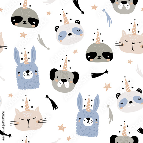 Seamless pattern with funny hand drawn unicorn animals. Creative childish texture. Great for fabric, textile Vector Illustration