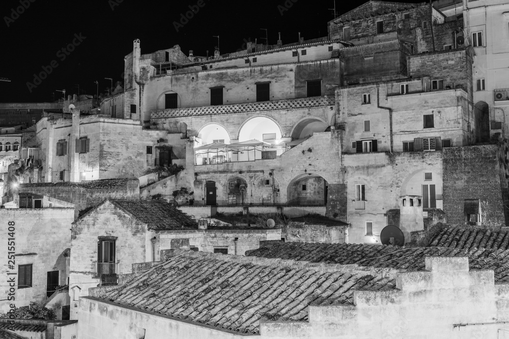 Sassi di Matera at night. European Capital of Culture. Black and White Sassi di Matera at night. European Capital of Culture. Black and White