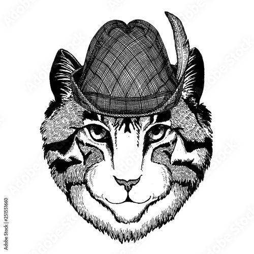 Cat wearing traditional bavarian tirol hat. Oktoberfest.