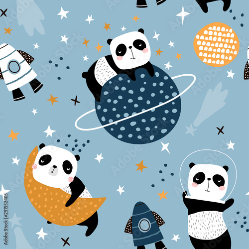 Seamless childish pattern with slepping pandas on moons and starry sky. Creative kids texture for fabric, wrapping, textile, wallpaper, apparel. Vector illustration