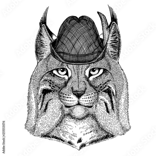 Cat, lynx, trot wearing traditional bavarian tirol hat. Oktoberfest.