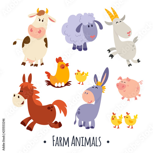 A large set of animals and birds with a farm in a cartoon style. Flat vector illustration isolated on white background. Cow  sheep  goat  chicken  hen  pig  horse  donkey