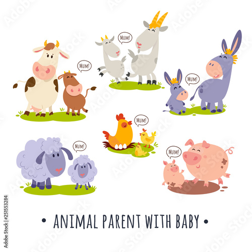 A large set of animals and birds with a farm in a cartoon style. Flat vector illustration isolated on white background. Cow, sheep, goat, chicken, hen, pig, horse, donkey