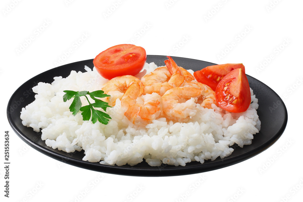 White rice with shrimps in black bowl isolated on white background White rice with shrimps in black bowl isolated on white background