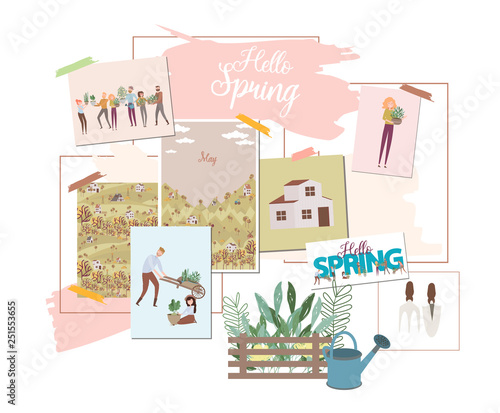 Hello Spring mood board. Editable vector illustration