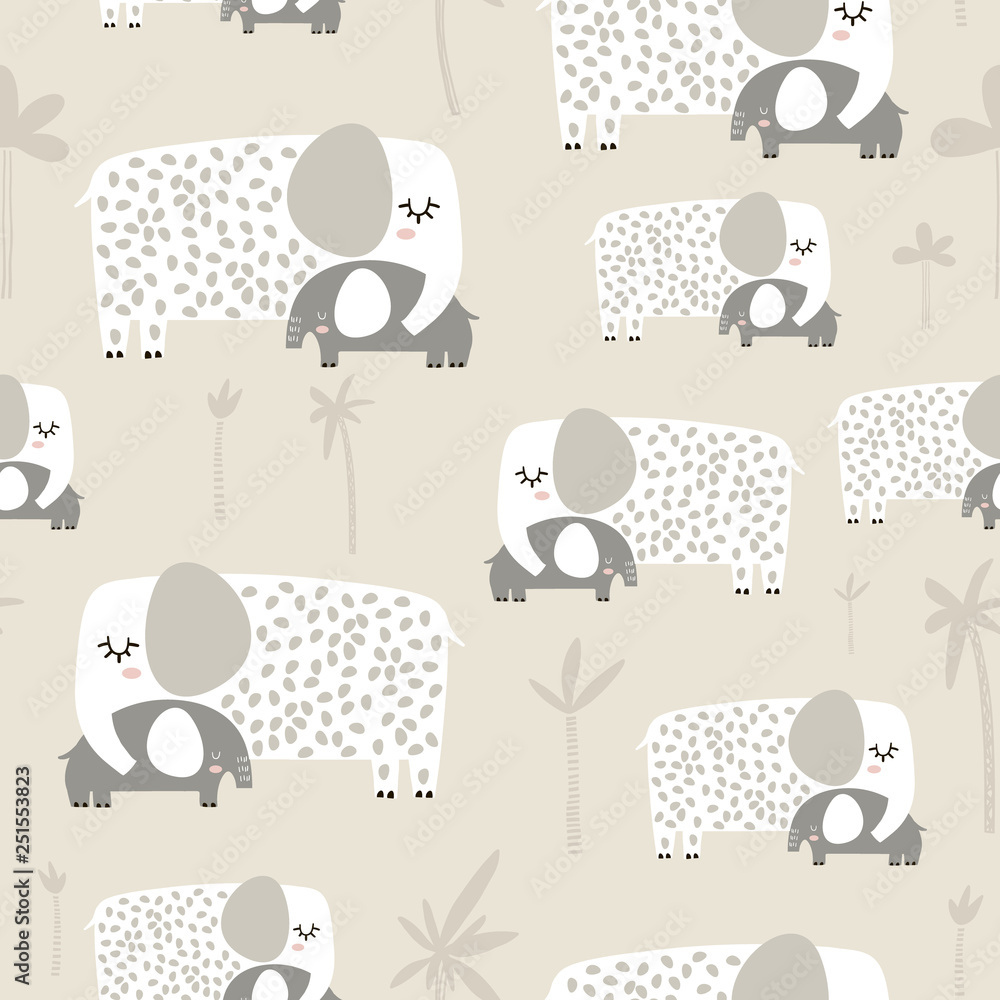 Gardinen Elefant Muster Nahtloses Muster mit süßer Mutter und