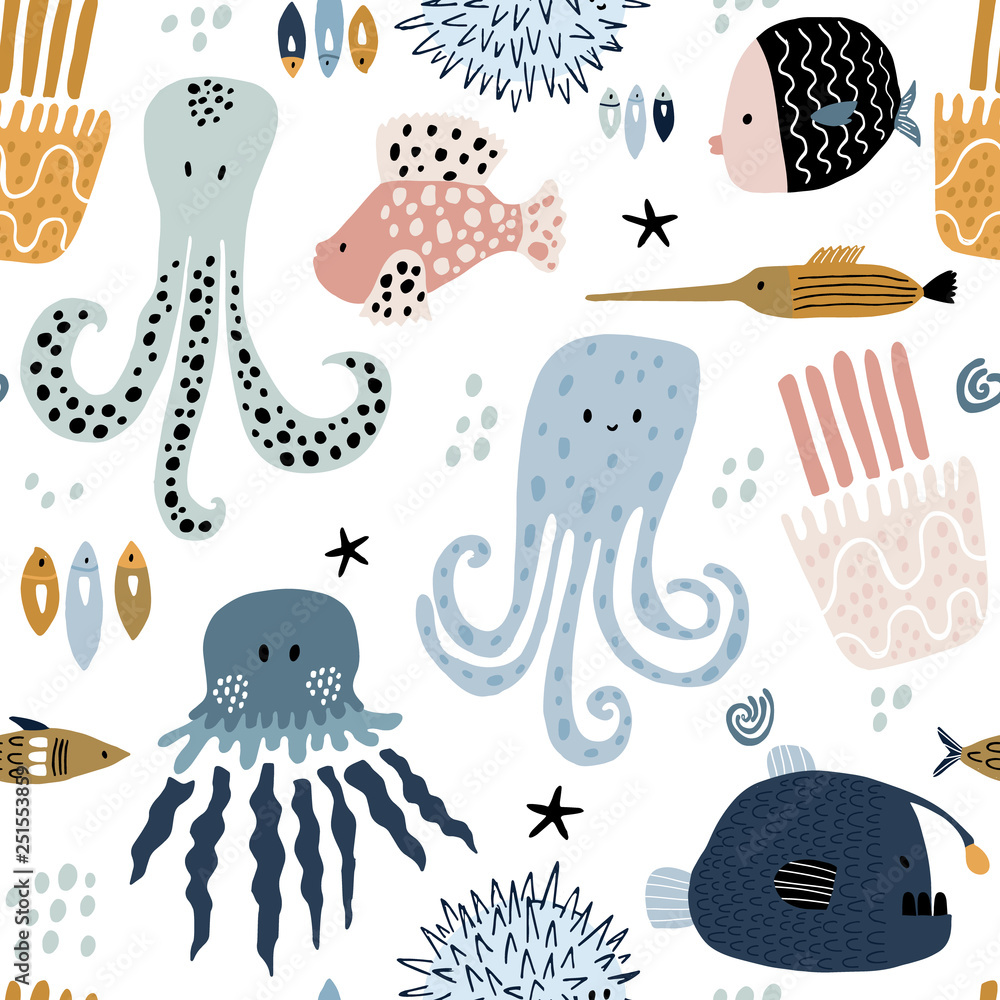 Sea animals and octopuses for fabric
