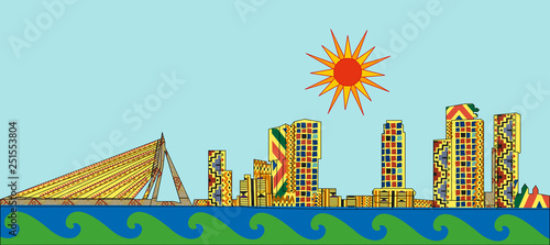Abstract skyline of Rotterdam, The Netherlands, in colorful patterns.