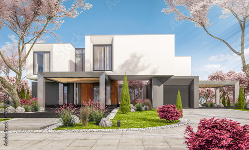 3d rendering of modern cozy house in the garden with garage. Fresh spring day with a blooming trees. For sale or rent with flowers of sakura on background.