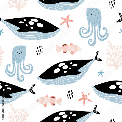Seamless pattern with creative killer whale, octopus, clown fish. Creative undersea childish texture. Great for fabric, textile Vector Illustration