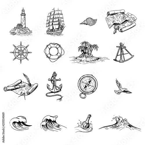 set of black and white hand drawn sea theme