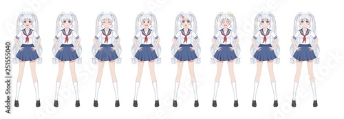 Anime manga schoolgirl in sailor suit, blue skirt