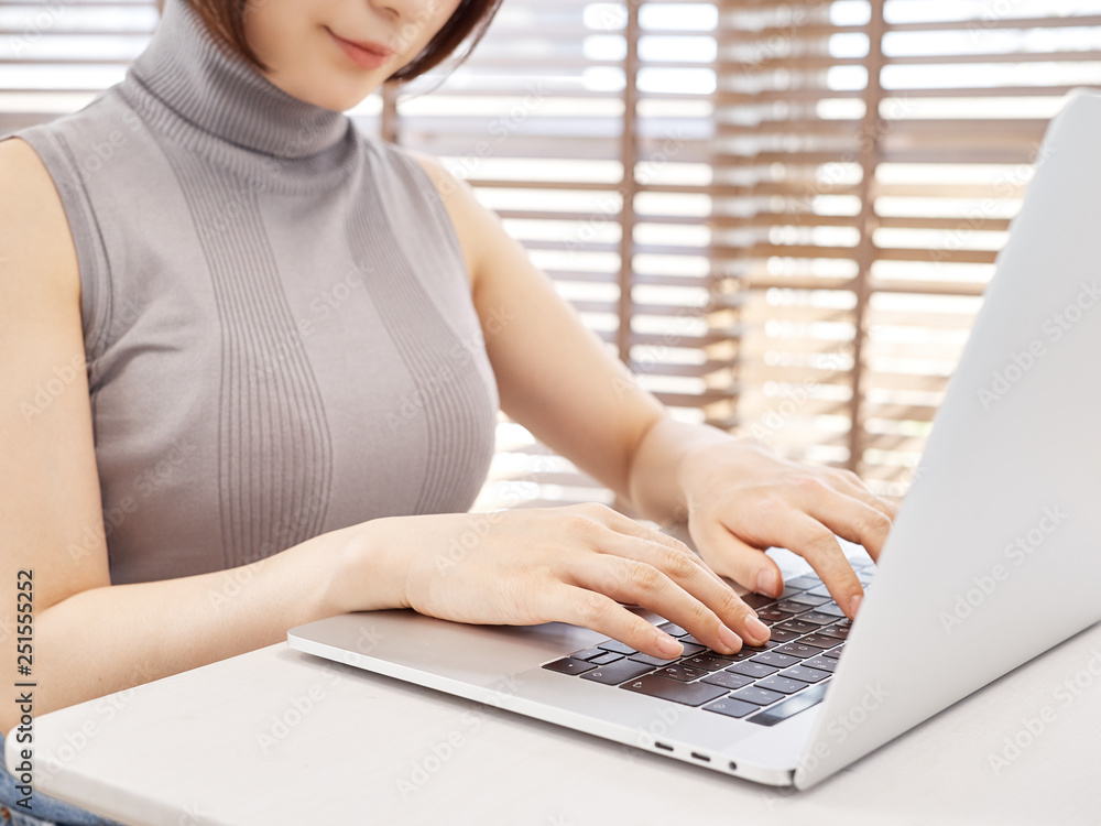 Fototapeta premium 明るいリビングでパソコンでタイピングをする女性