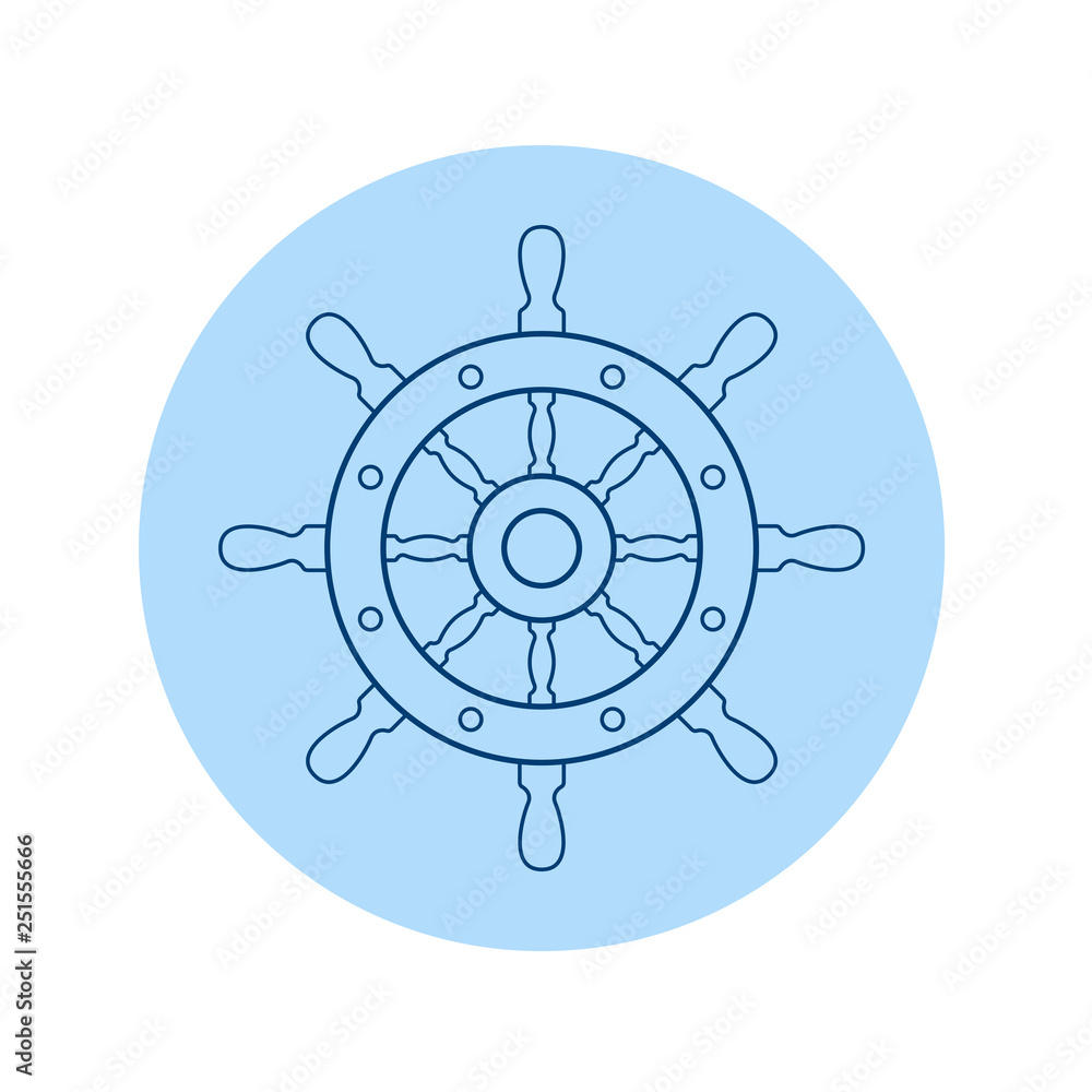Icono plano lineal timón de barco en círculo color azul Icono plano lineal timón de barco en círculo color azul