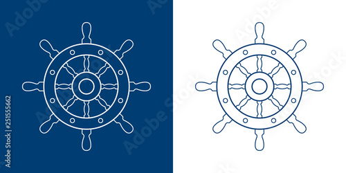 Icono plano lineal timón de barco en azul y blanco