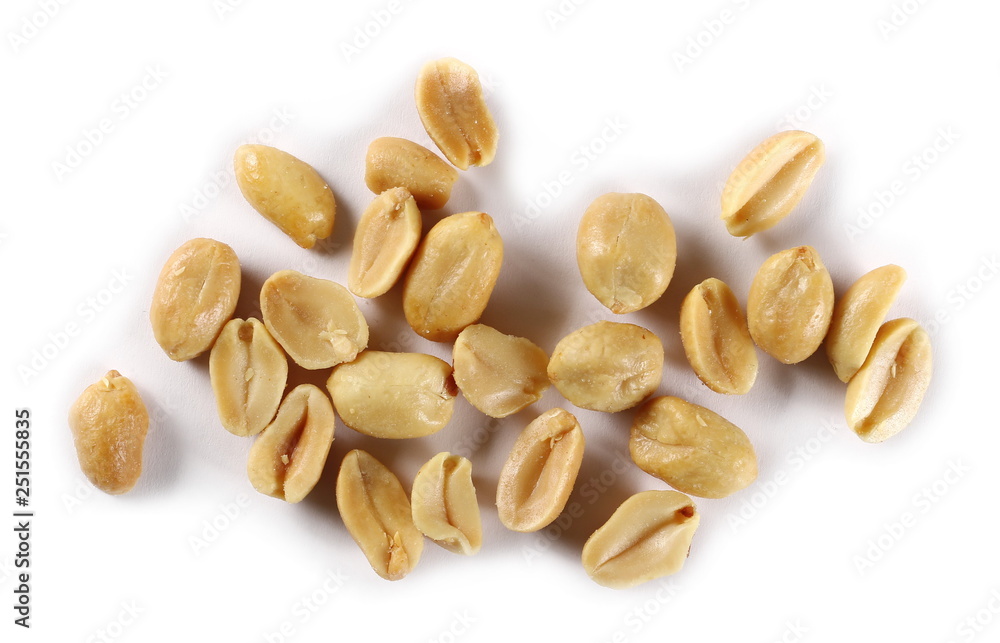 Salted and fried, roasted peanuts, pile isolated on white background, top view Salted and fried, roasted peanuts, pile isolated on white background, top view