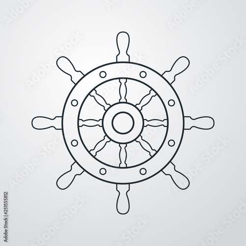 Icono plano lineal timón de barco en fondo gris