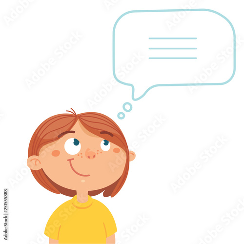 Ready-to-use banner or avatar with a young school girl  and bubble. Flat style vector illustration isolated on color background