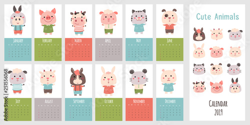 Monthly vector calendar 2019 with cute cartoon little pig, horse, sheep, cow, goat, rabbit, hamster, donkey, cat, dog, mouse. Vertical editable template. Symbol of the year in the Chinese calendar.