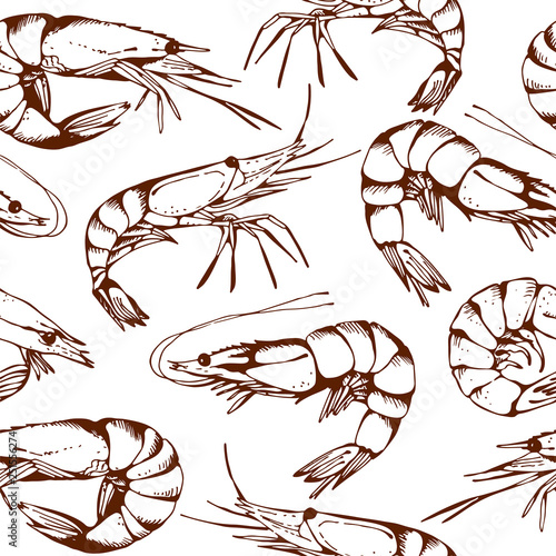 Seamless seafood pattern with hand drawn shrimps