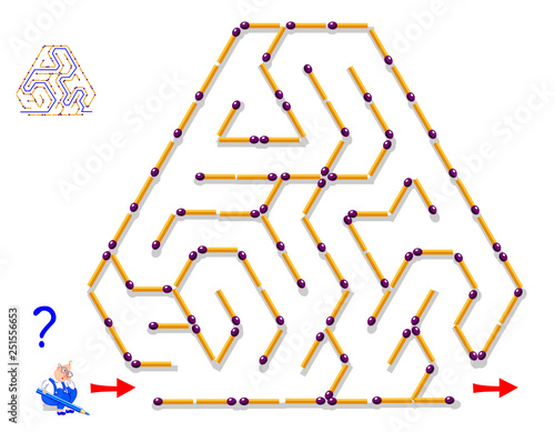 Logic puzzle game with labyrinth for children and adults. Find the way between matchsticks and draw the line. Printable page for brainteaser book. Vector cartoon image.