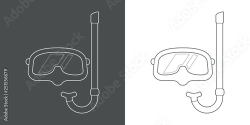 Icono plano lineal gafas de buceo y esnórquel en gris y blanco