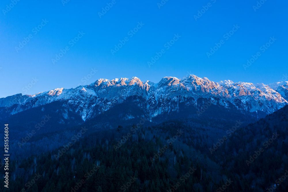Winter landscape with mountain range covered in snow and pine forests