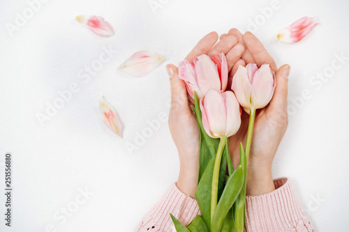 Young girl holding a bouquet of pink tulips. Top view, white background.