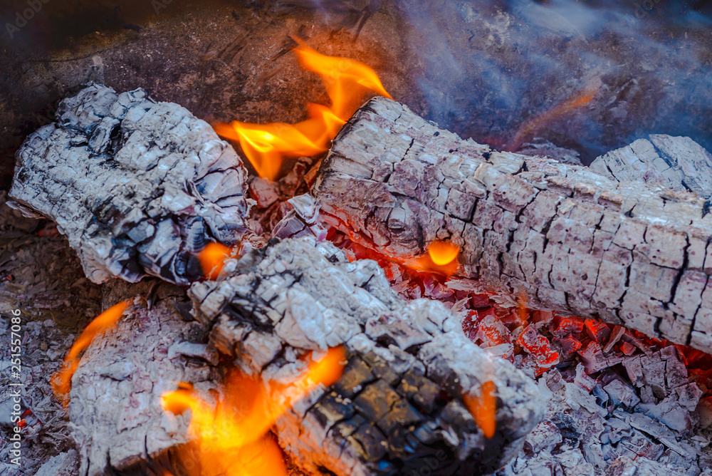 Burning coals from logs on the fire. The wind blows the burning fire Burning coals from logs on the fire. The wind blows the burning fire