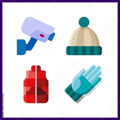 4 protection icon. Vector illustration protection set. winter hat and security camera icons for protection works