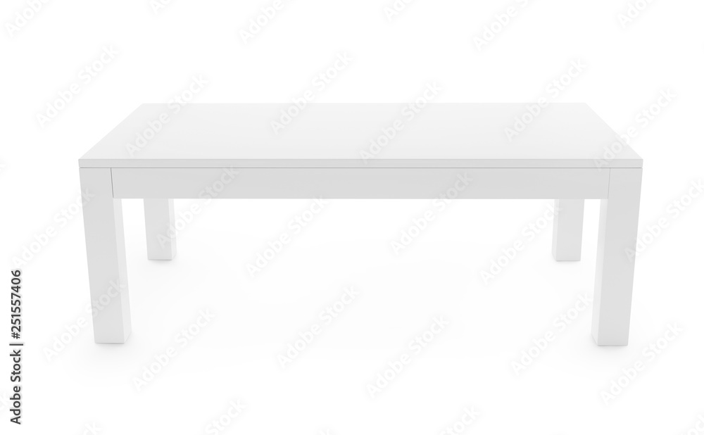 Low, white table isolated on white background. Saved clipping path included. 3D rendering image. Low, white table isolated on white background. Saved clipping path included. 3D rendering image.