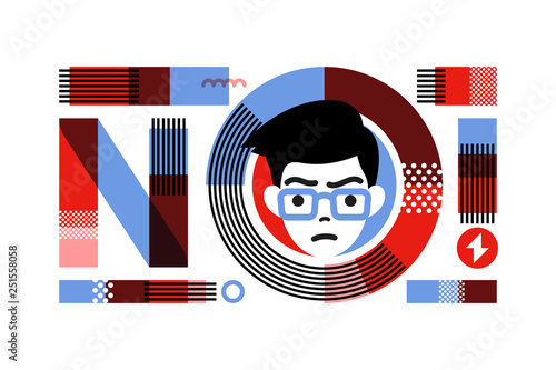 Young angry male character in frame of slogan no lettering. Flat style concept for prohibition or protest