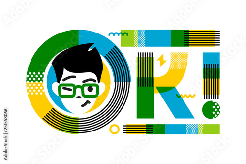 Young winking and smiling male character in frame of lettering slogan OK. Flat style concept for agreement or positive feedback