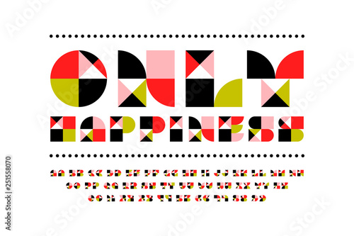 Festive only happiness font in modern style. Beautiful mosaic alphabet with contemporary geometric design