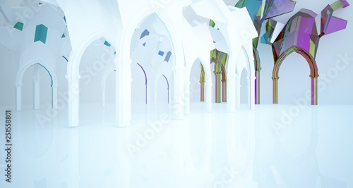 Abstract white and colored gradient glasses gothic interior. 3D illustration and rendering.